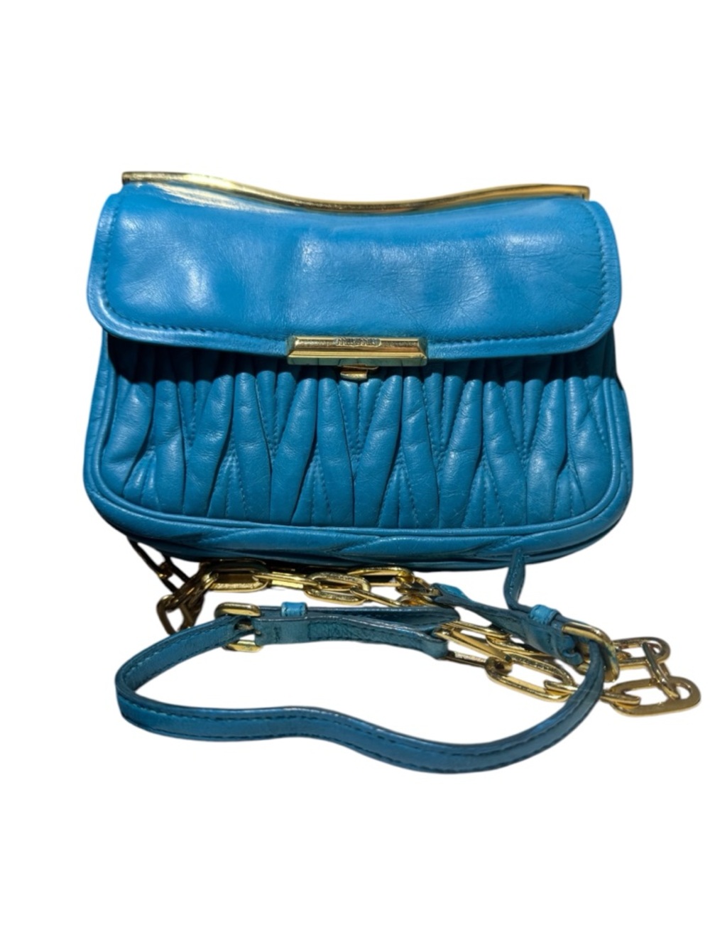 Miu Miu Turquoise Blue Leather Matelasse Chainlink Strap Clutch Crossbody Bag
